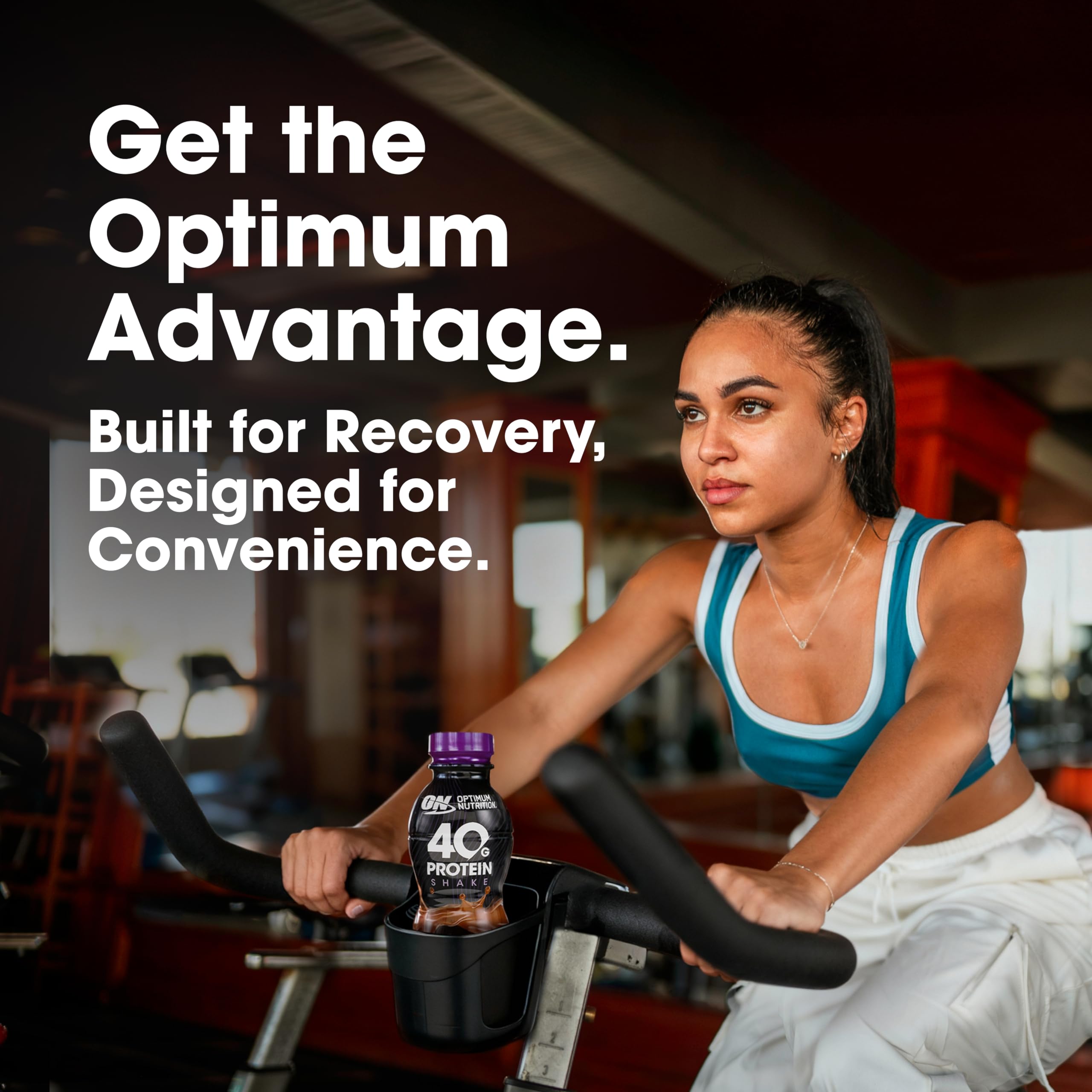 Optimum Nutrition 40g Protein Shake post-workout bottle shown in gym setting