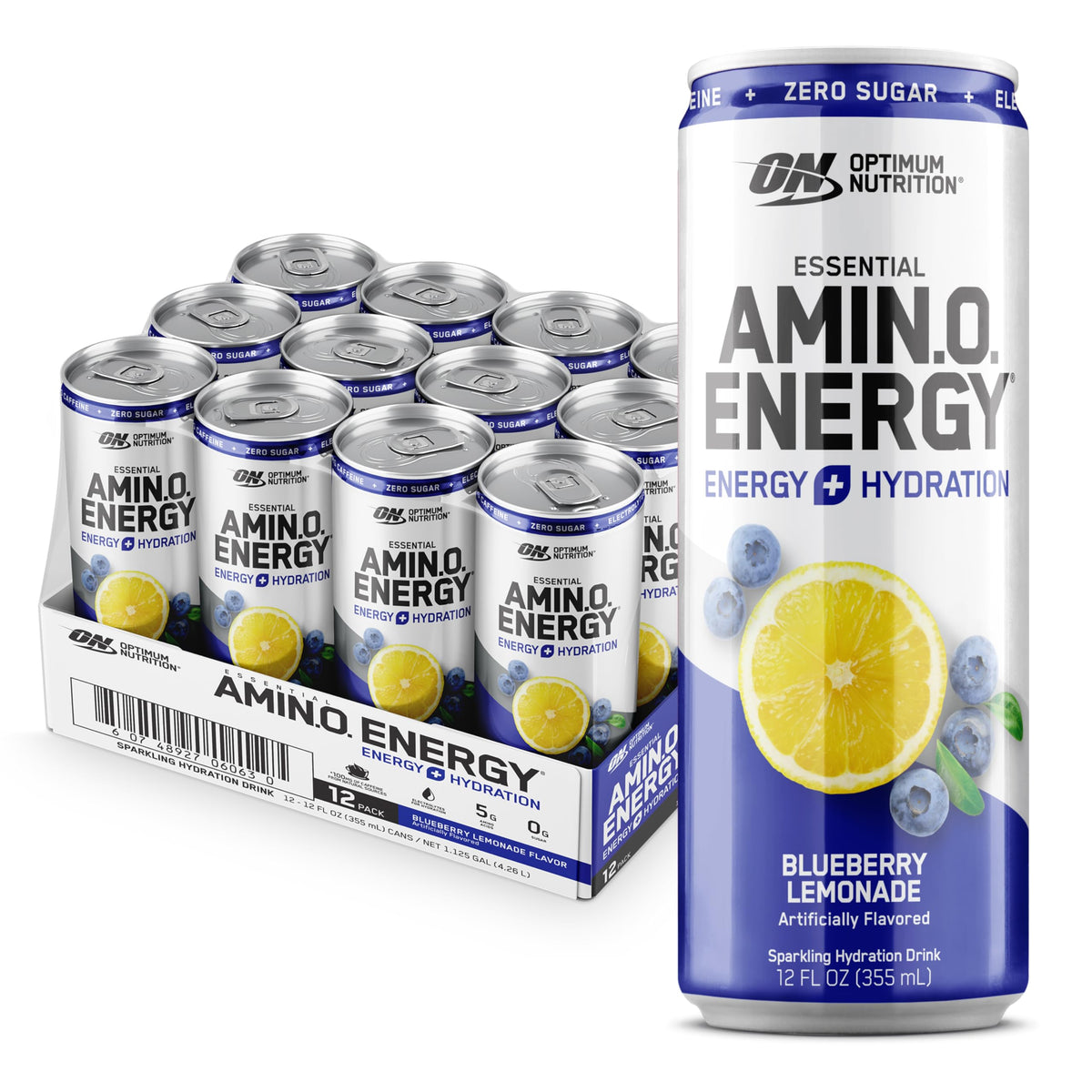 Optimum Nutrition Amino Energy Blueberry Lemonade can with refreshing sparkling hydration