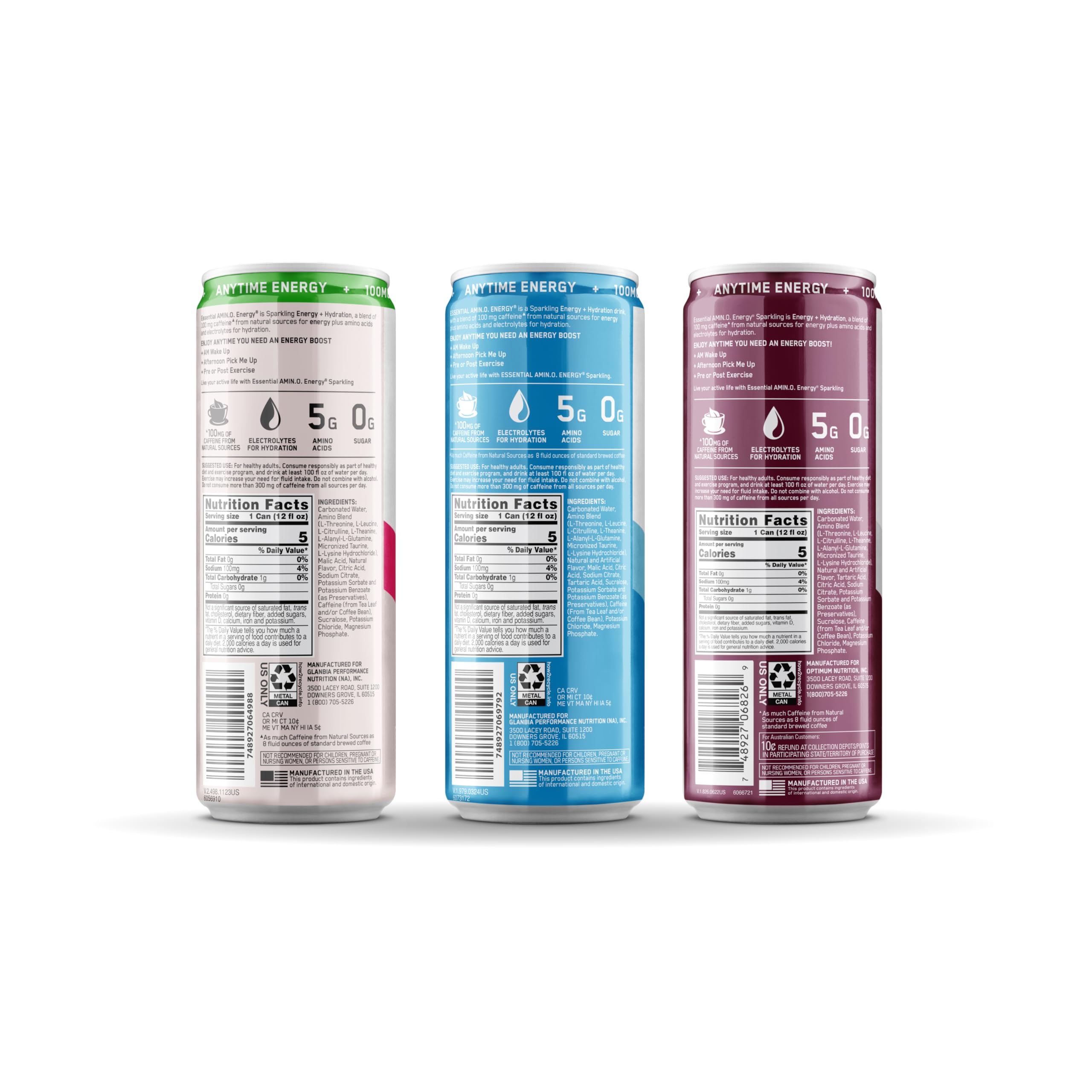 Optimum Nutrition Amino Energy label detail highlighting caffeine and electrolytes for hydration