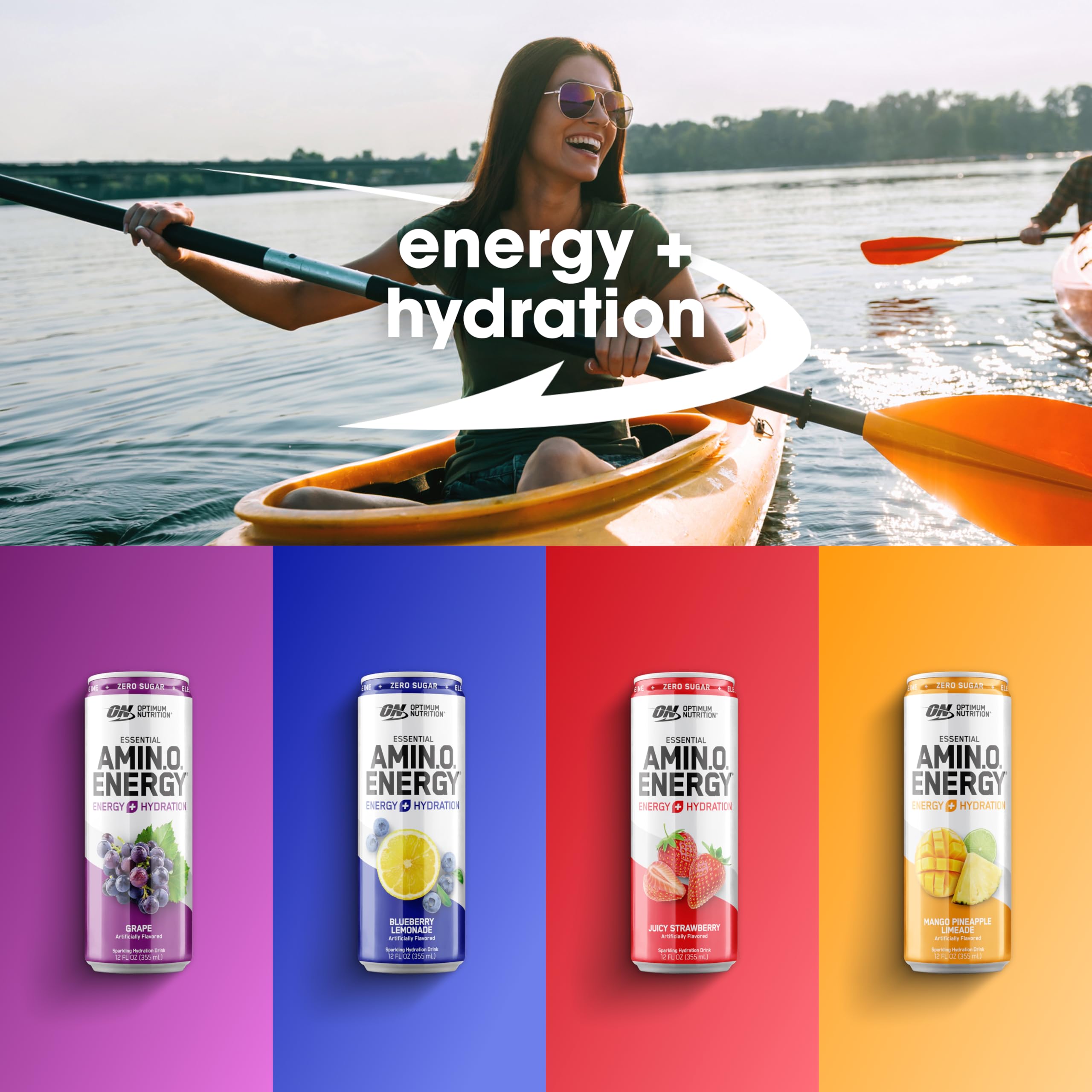 Optimum Nutrition Amino Energy variety pack displaying multiple fruity flavors