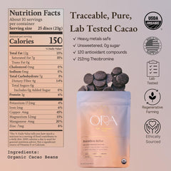 Ora Pure Boundless Belize cacao label highlights ethical sourcing and organic quality.