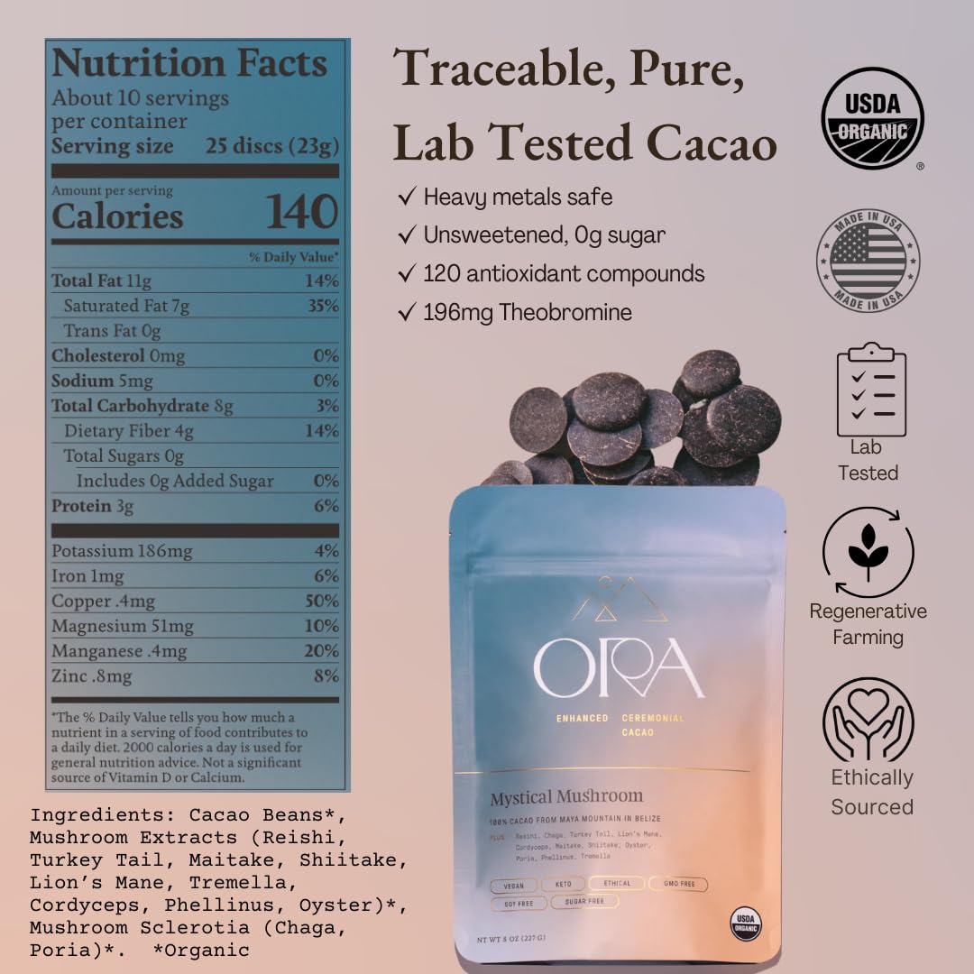 Ora Pure Ceremonial Cacao label closeup with 100% cacao claim.