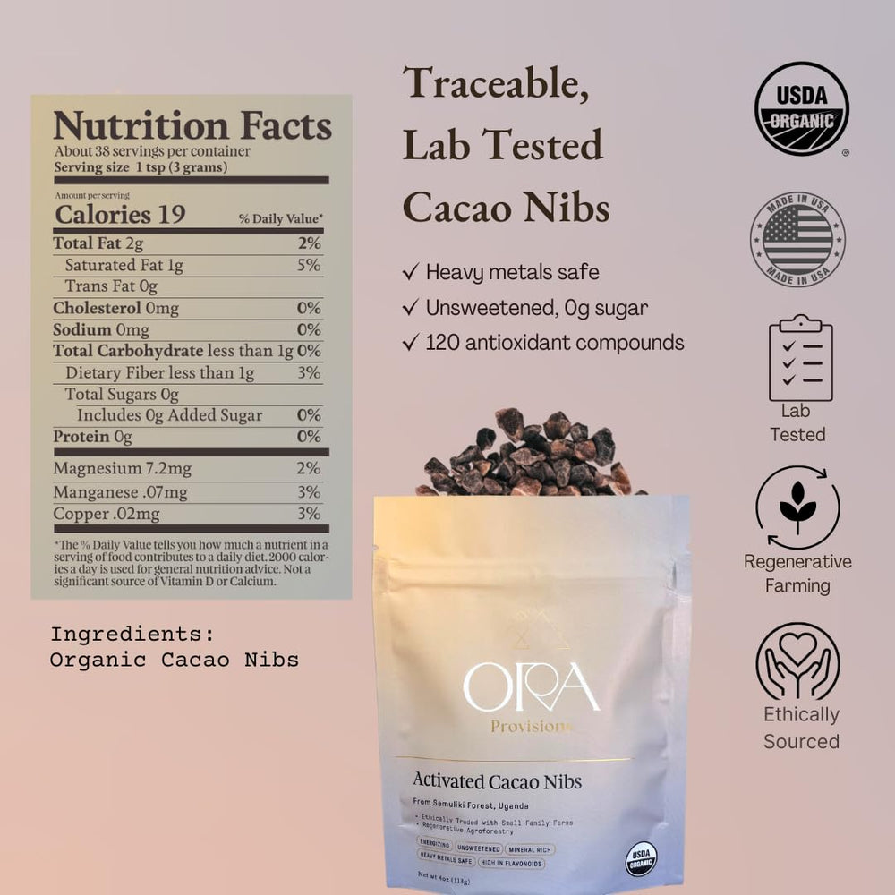 Ora Pure Ceremonial Cacao Nibs close-up, rich nutty aroma ideal for snacking.