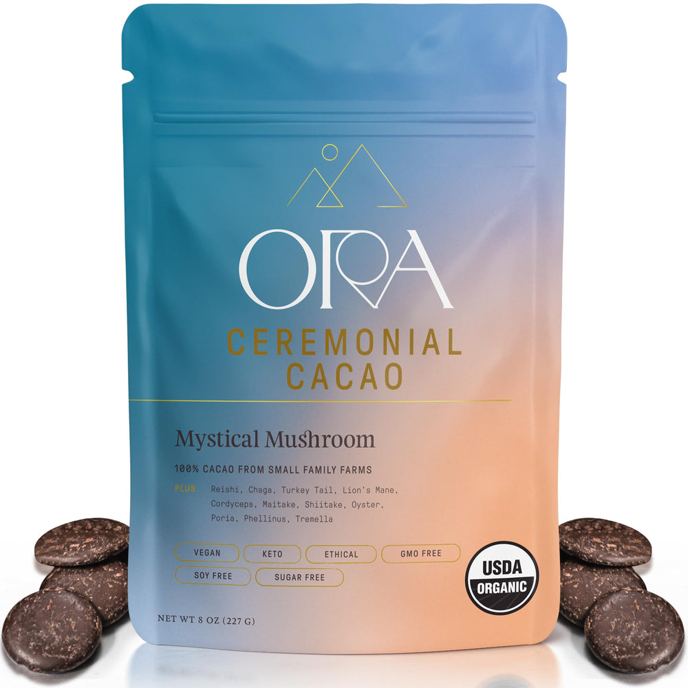 Ora Pure Ceremonial Cacao packaging front, showcasing organic cacao and ethics.