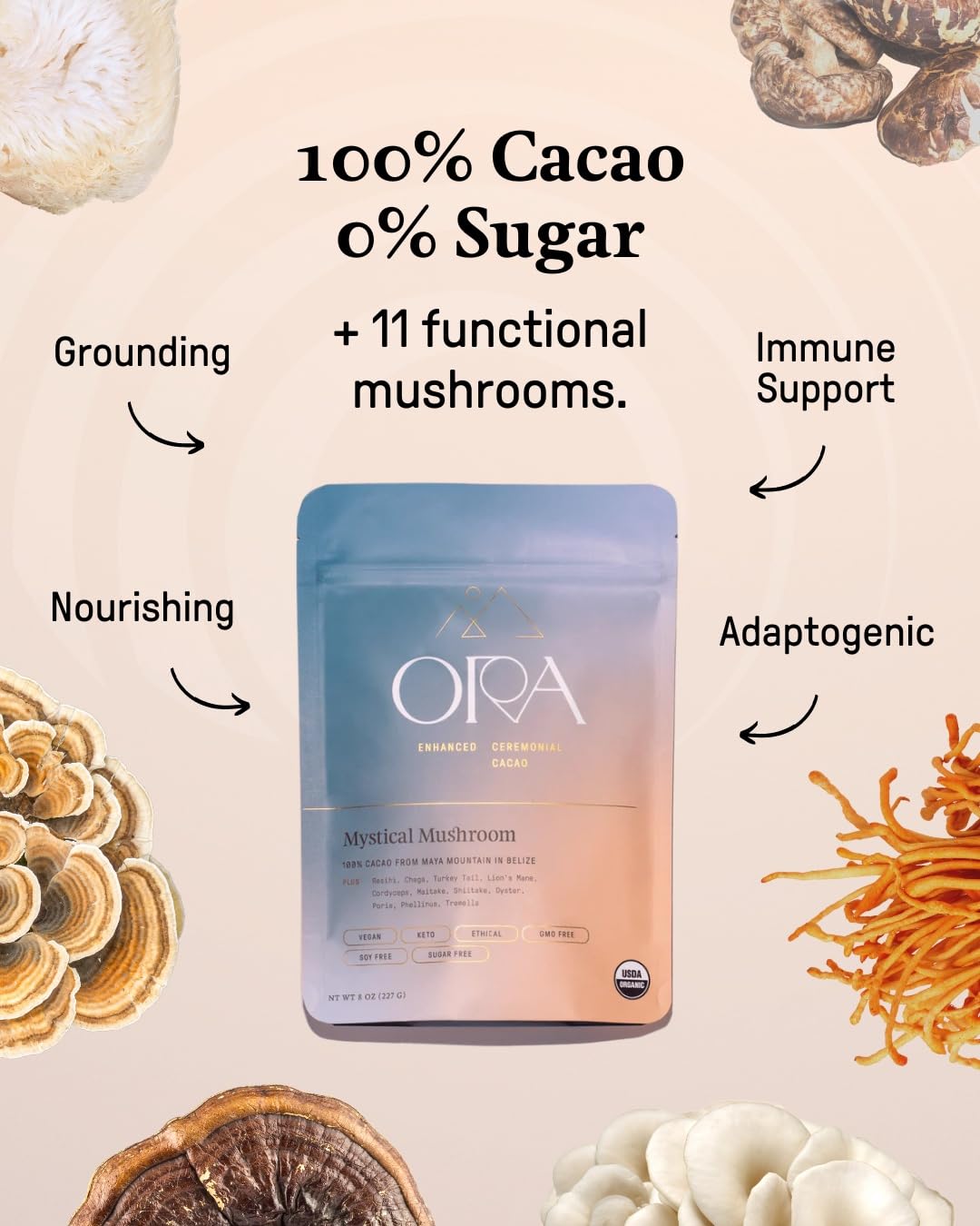 Ora Pure cacao powder bowl with steaming mug, ritual-ready.