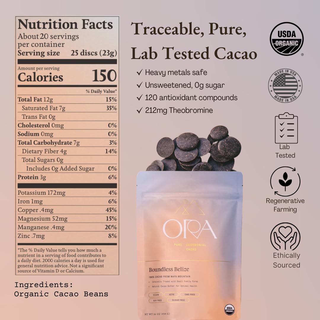 Ora Pure Ceremonial Cacao Boundless Belize cacao nibs close-up highlighting whole-bean quality.