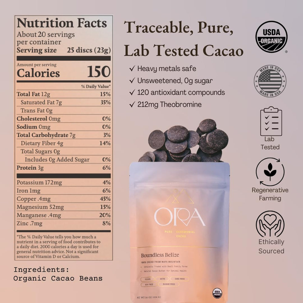 Ora Pure Ceremonial Cacao Boundless Belize cacao nibs close-up highlighting whole-bean quality.