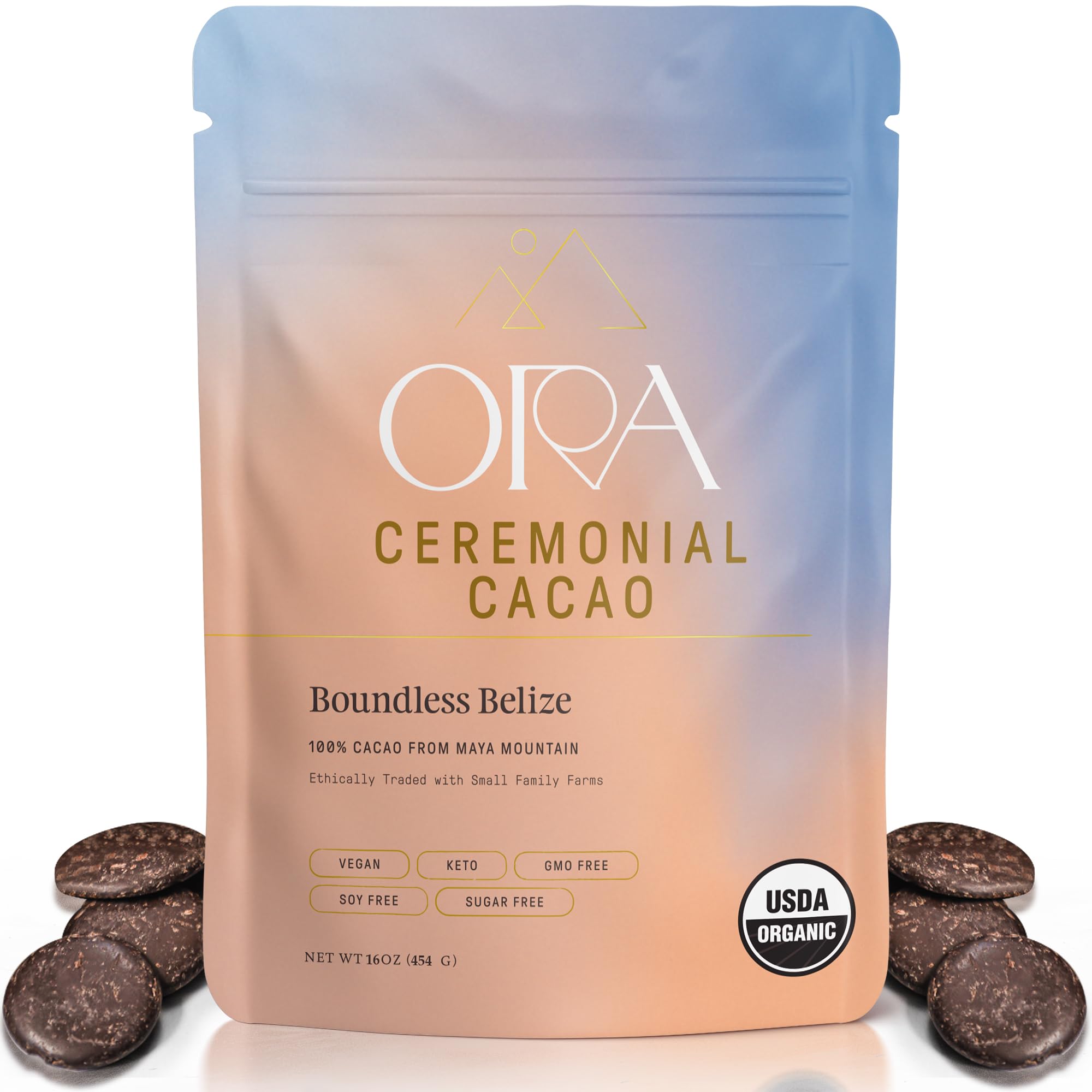 Ora Pure Ceremonial Cacao Boundless Belize packaging showcases ethical sourcing and premium quality.