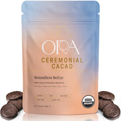 Ora Pure Ceremonial Cacao Boundless Belize packaging showcases ethical sourcing and premium quality.