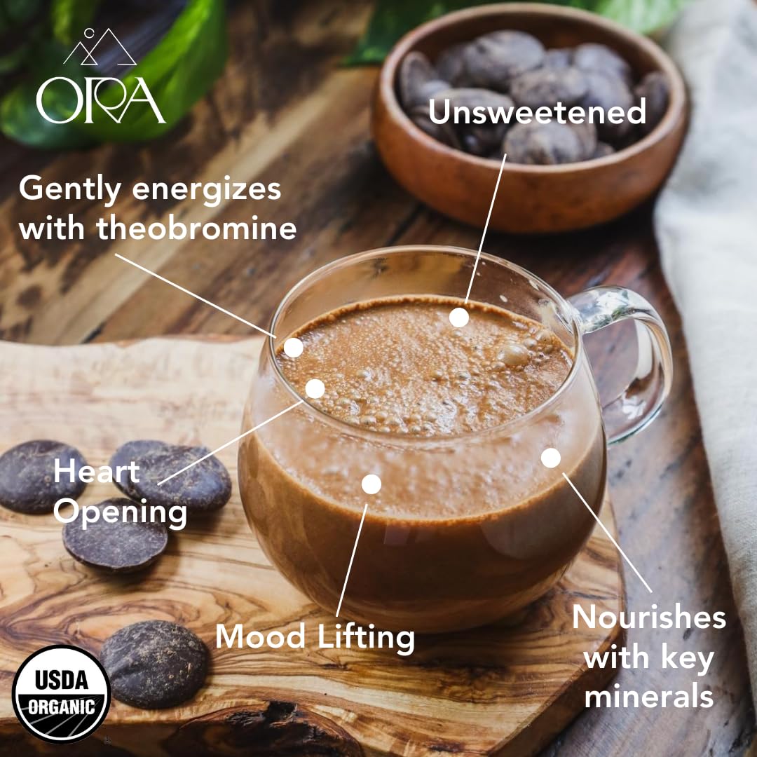 Ora Pure Ceremonial Cacao Boundless Belize rich powder in a mug for a mindful ritual.