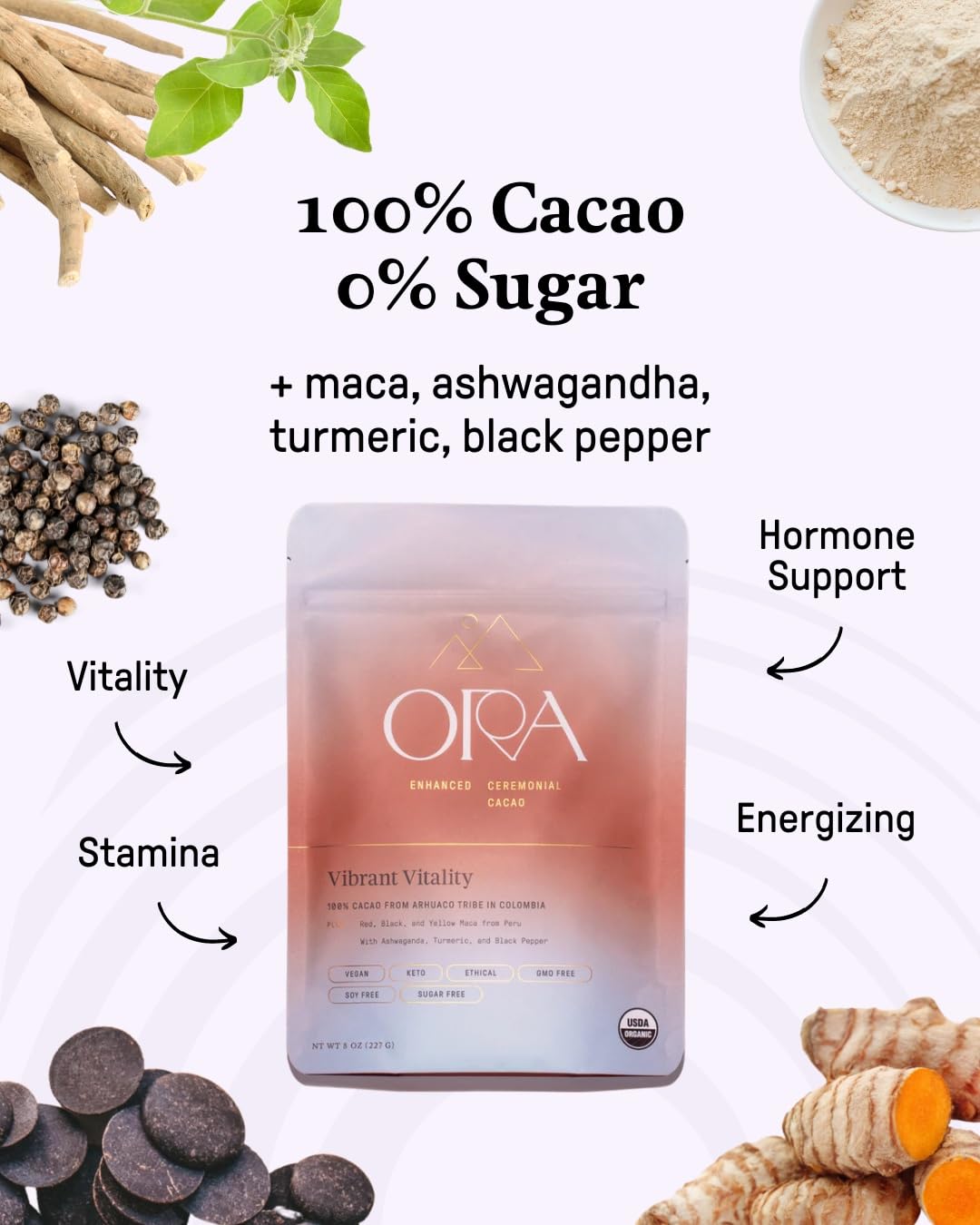 Close-up of Ora Pure Ceremonial Cacao's creamy, silky texture for a rich drink.
