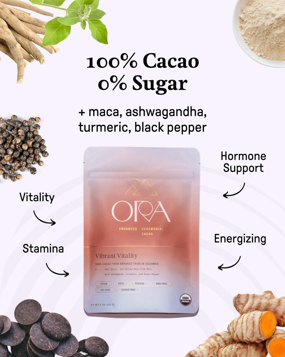 Close-up of Ora Pure Ceremonial Cacao's creamy, silky texture for a rich drink.