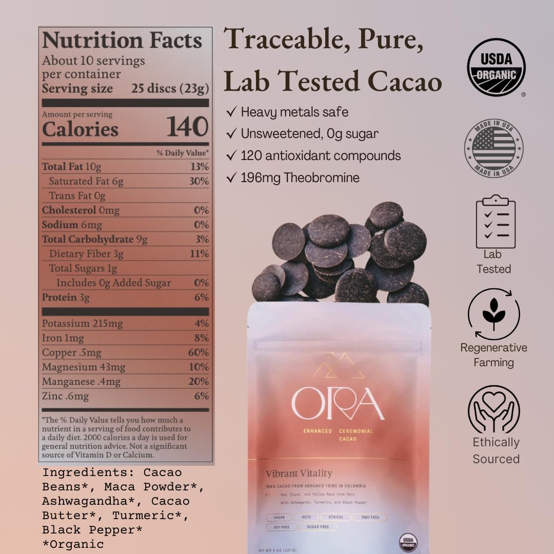 Ora Pure Ceremonial Cacao jar showcases premium whole bean cacao for a ceremonial brew.
