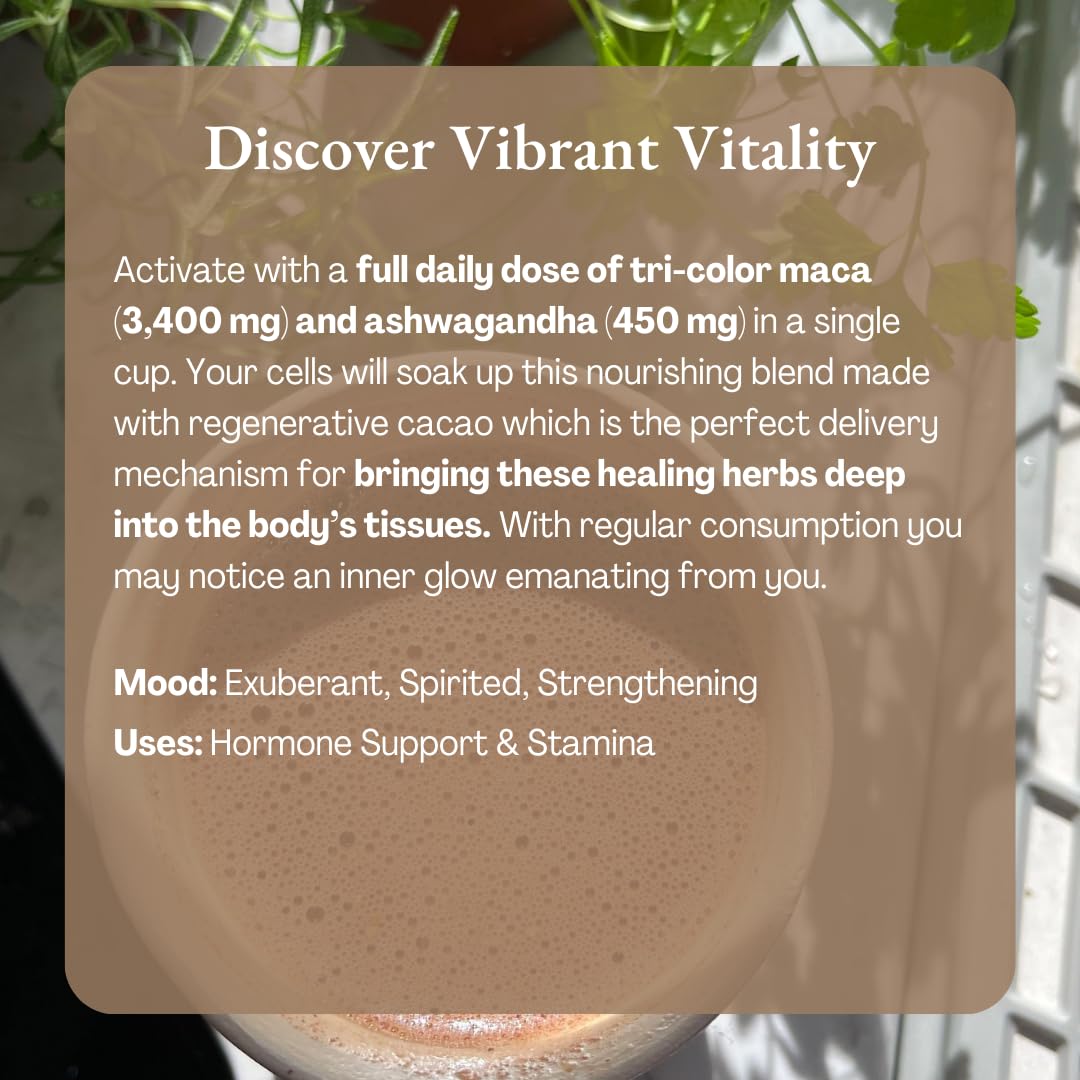 Maca, ashwagandha, and turmeric blend noted in Ora Pure Ceremonial Cacao for balanced vitality.