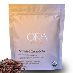 Ora Pure Ceremonial Cacao Nibs in a 4oz bag, ideal for snacking or toppings.