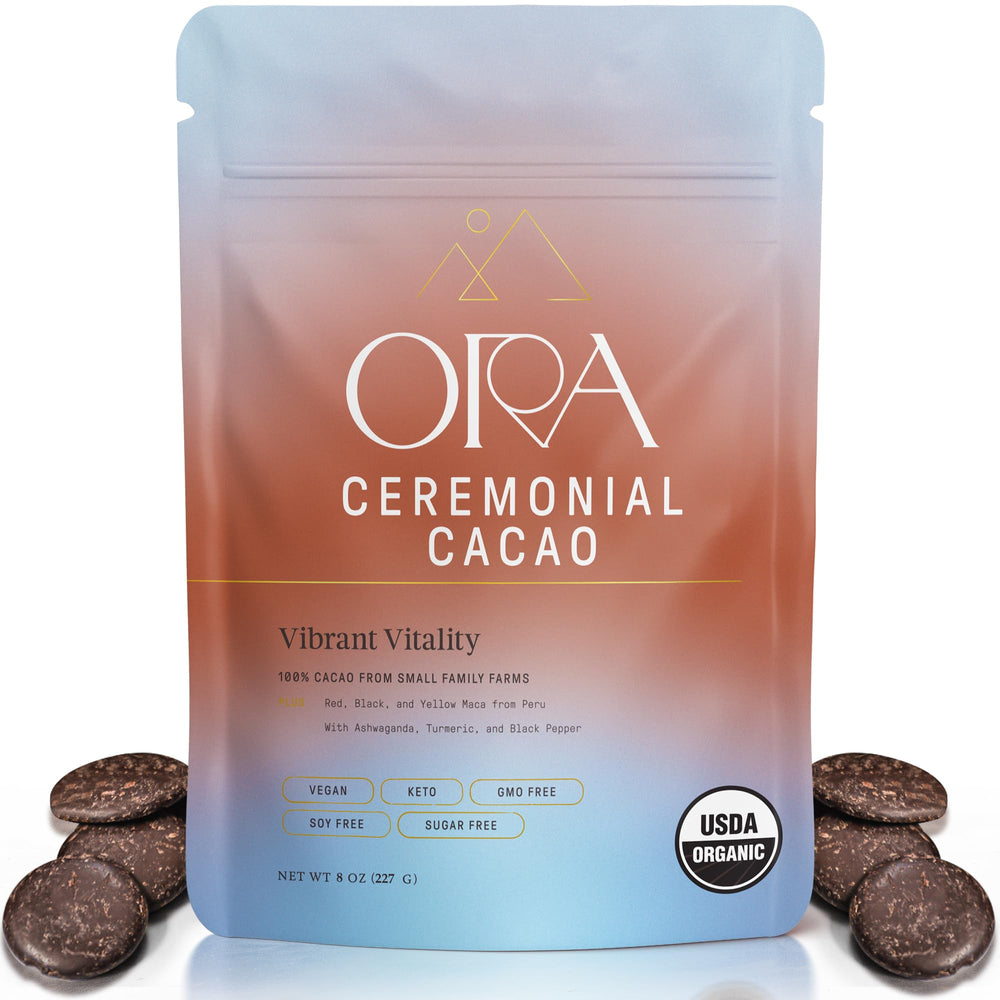 Ora Pure Ceremonial Cacao packaging highlights ethical sourcing and premium cacao.