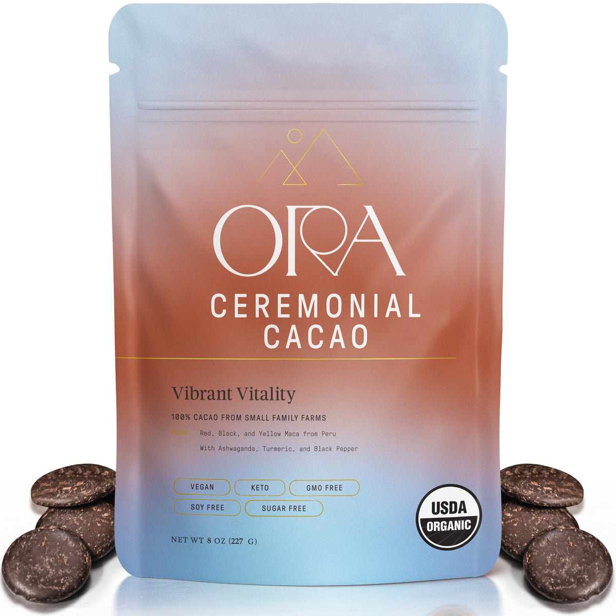 Ora Pure Ceremonial Cacao packaging highlights ethical sourcing and premium cacao.