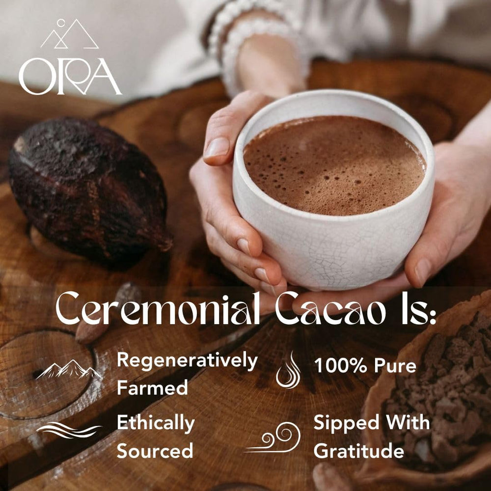 Ora Pure Ceremonial Cacao whole beans highlighting a natural unprocessed origin.