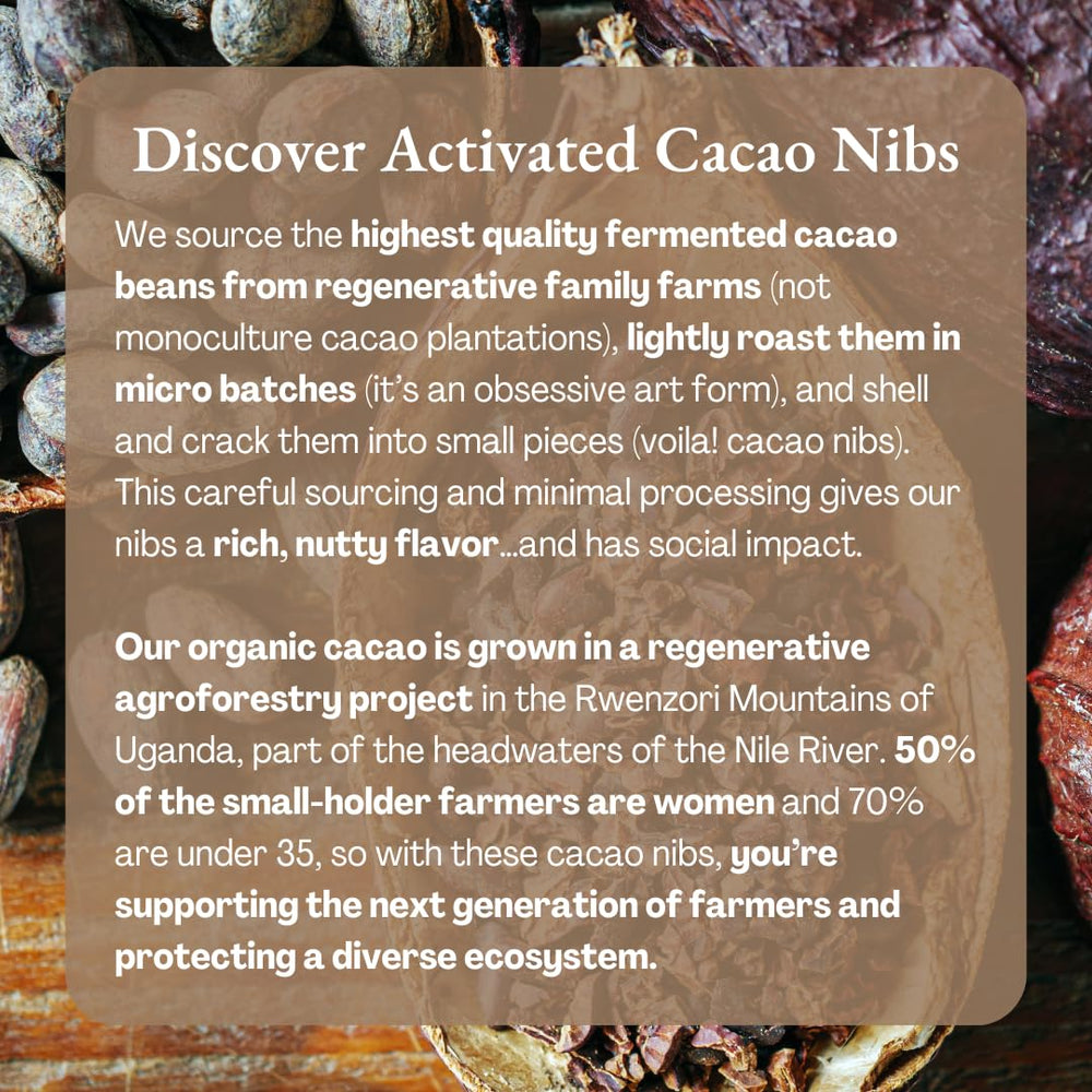 Ora Pure Cacao Nibs from regenerative agroforestry in Uganda, supporting sustainable farming.