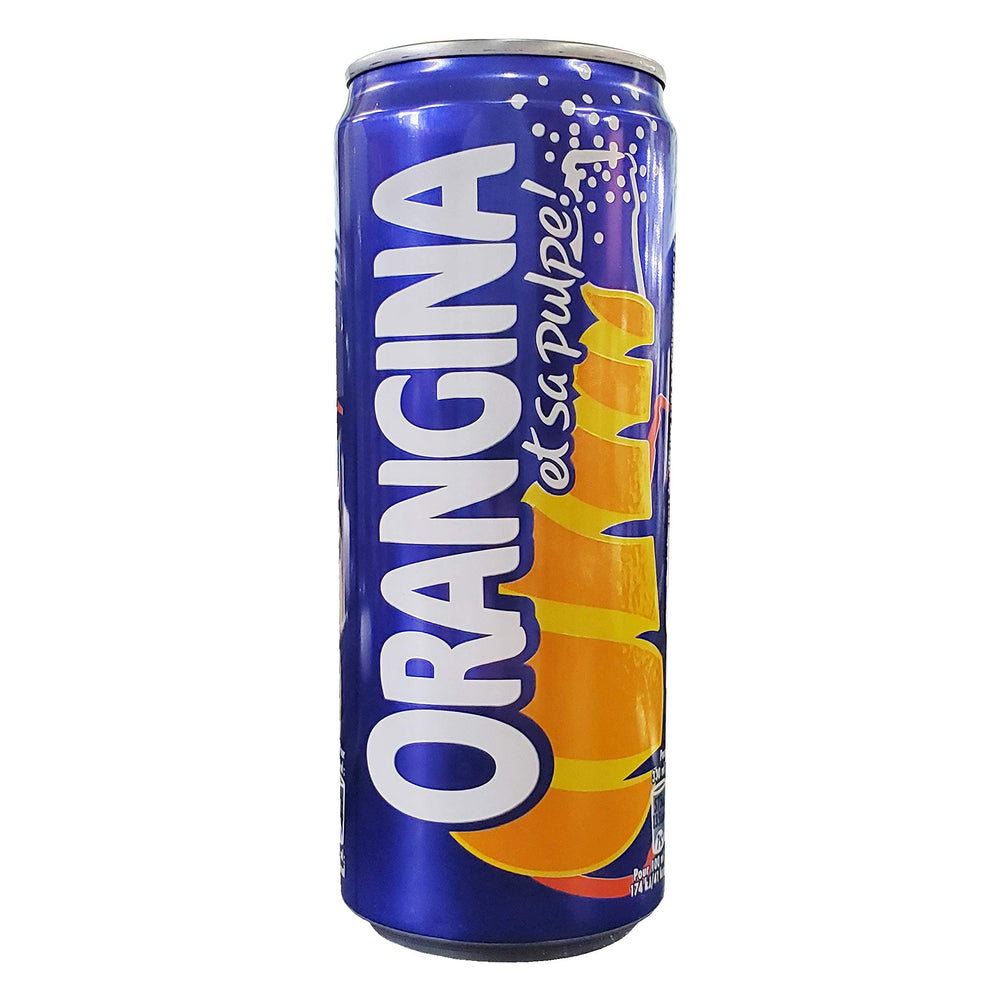 Orangina Pulpe bottle pouring to reveal real orange pulp and bright citrus aroma.