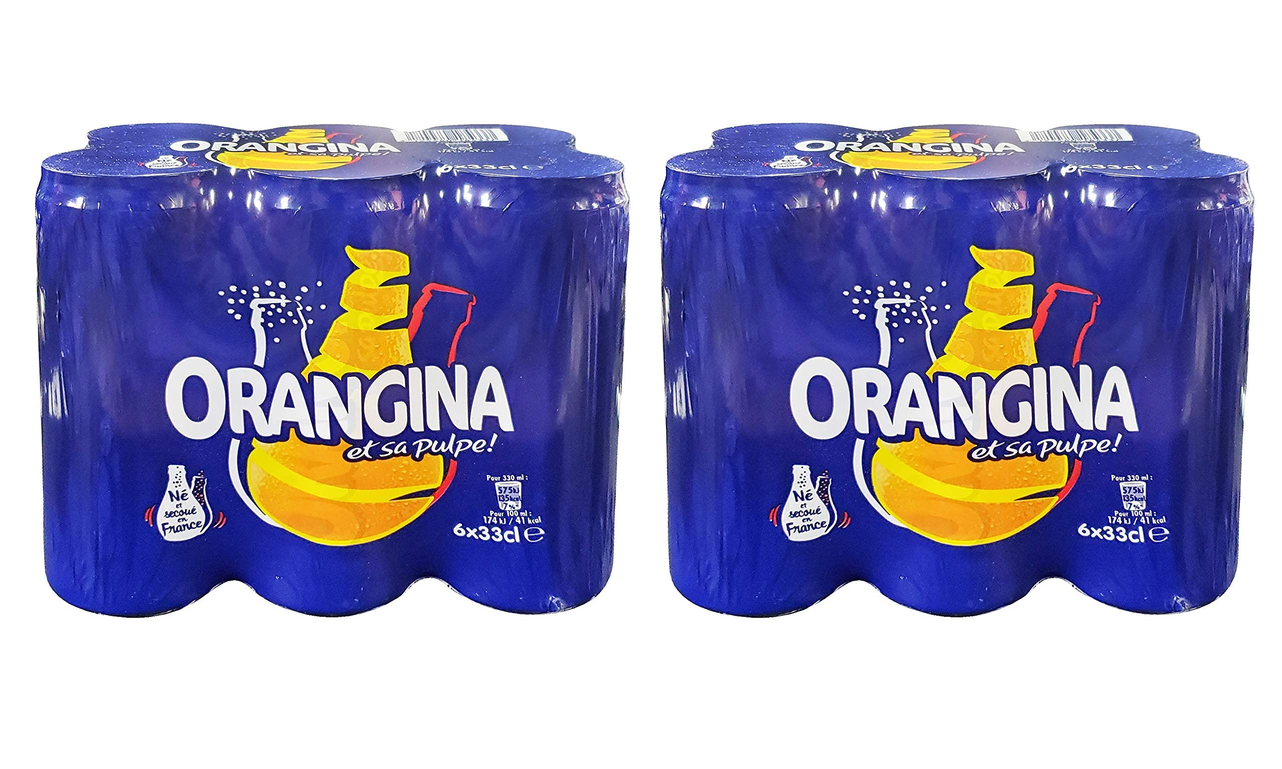 Orangina Pulpe tall cans in a 12-pack, ideal for sharing.