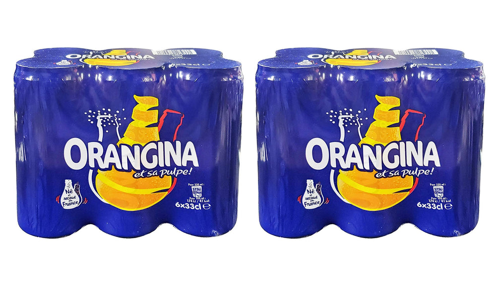 Orangina Pulpe tall cans in a 12-pack, ideal for sharing.