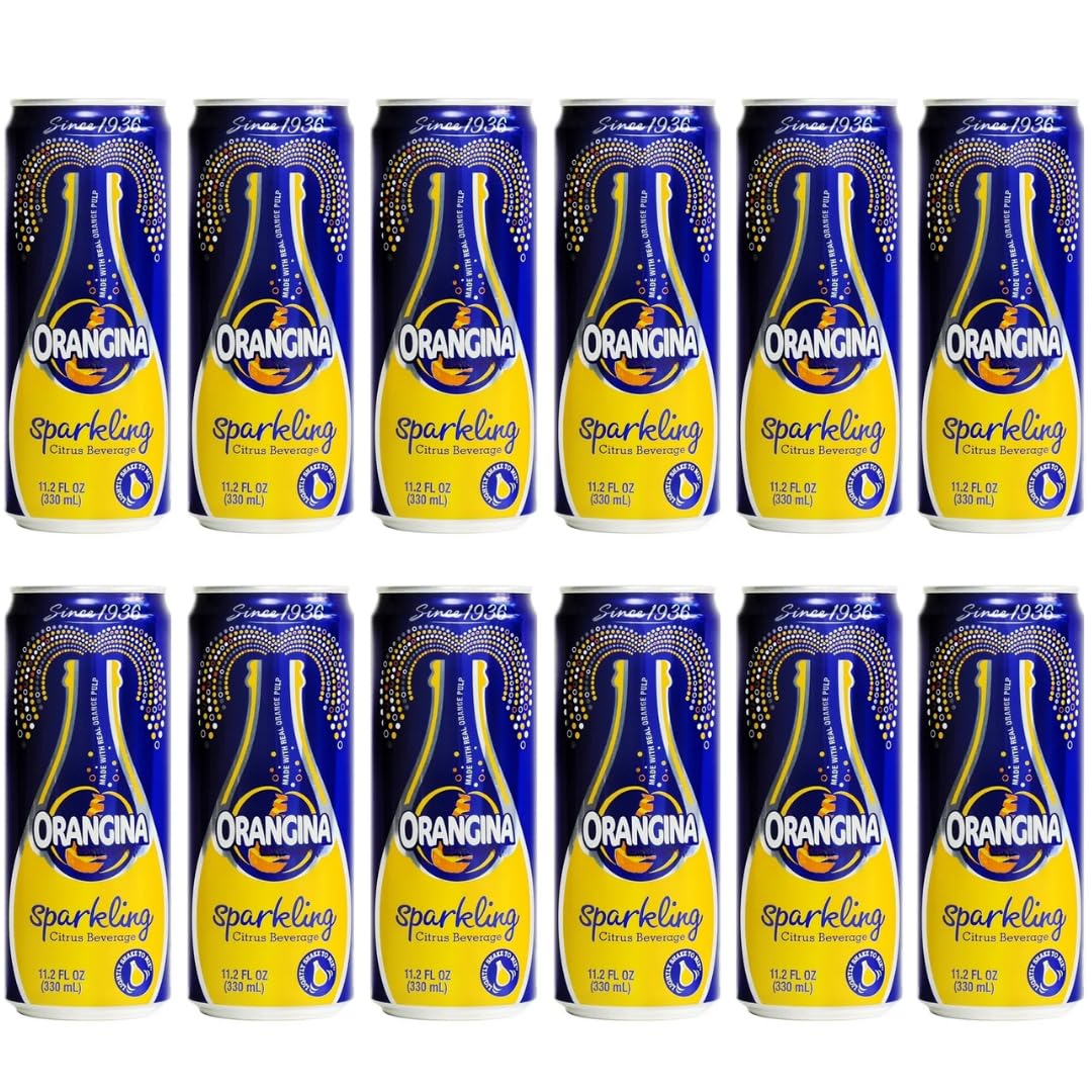 Orangina sparkling orange can with pulp offers refreshing, family-friendly sipping any time.