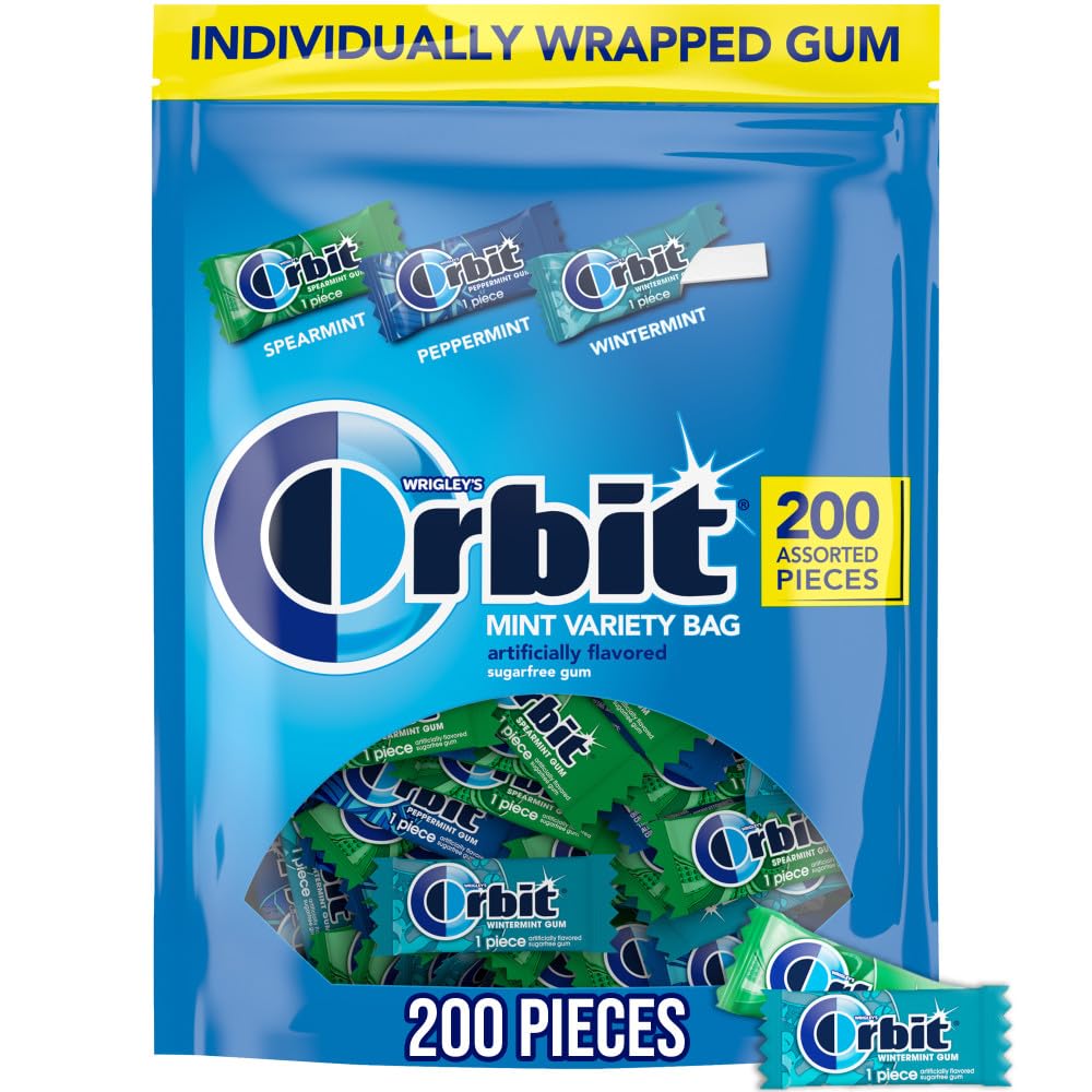 Orbit 200-piece bulk gum bag showing mint variety for travel freshness.