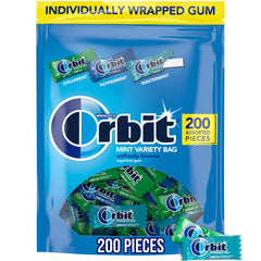 Orbit 200-piece bulk gum bag showing mint variety for travel freshness.