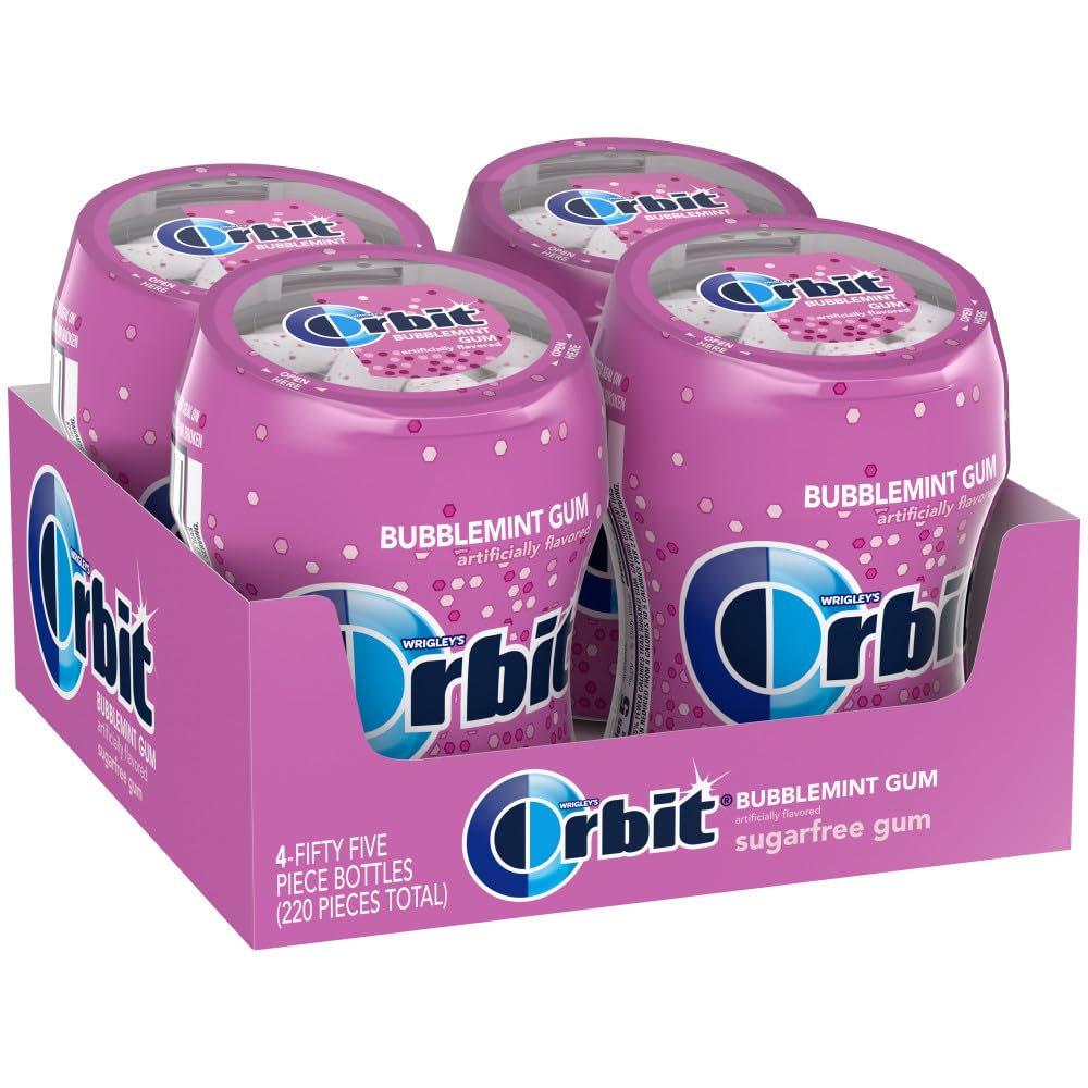 Orbit Bubblemint sugarfree gum four-bottle bulk pack front view for on-the-go freshness.