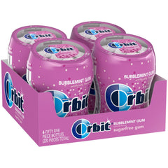 Orbit Bubblemint sugarfree gum four-bottle bulk pack front view for on-the-go freshness.