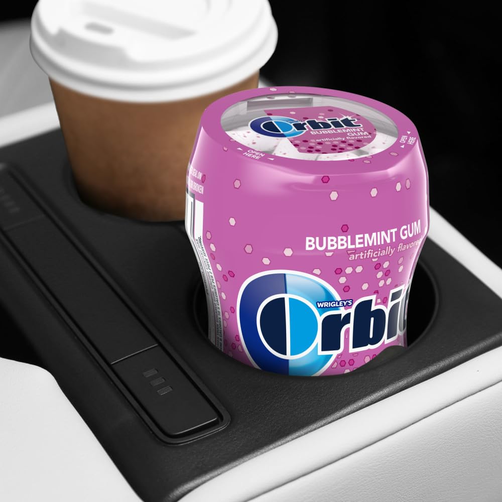 Orbit Bubblemint sugarfree gum open bottle with pieces for quick refreshment.