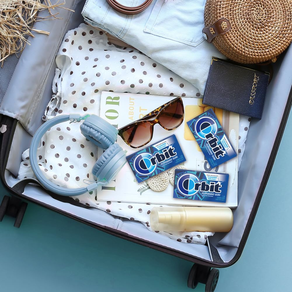 Orbit Peppermint gum in backpack for easy access during travel.
