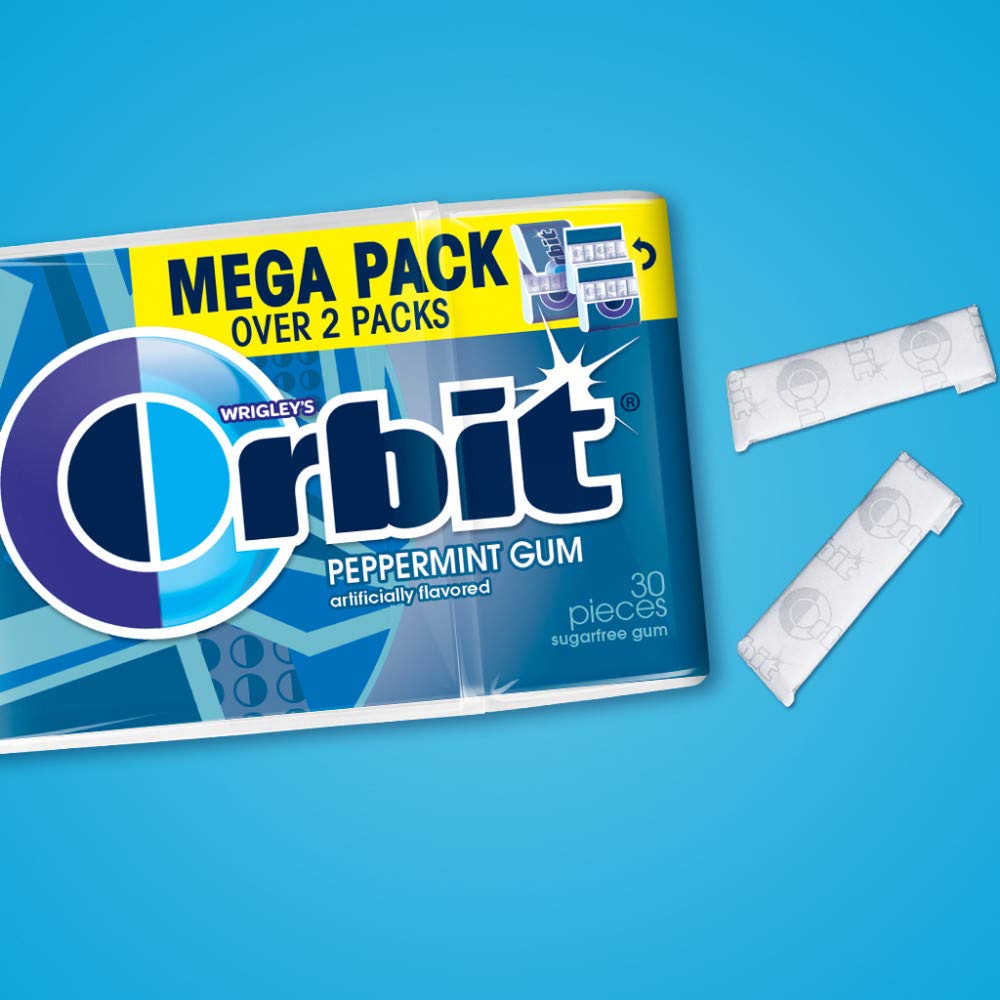 Desk-side Orbit peppermint gum pack with individually wrapped pieces.