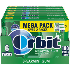 ORBIT Spearmint Sugar Free gum six-pack front view for quick breath refresh.