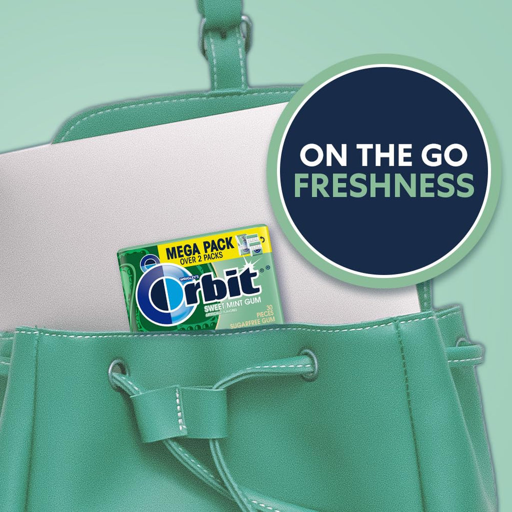 Detail of Orbit Sweet Mint Gum packaging emphasizing sugar-free convenience
