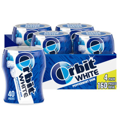 Orbit White Peppermint gum bottle with 40 pieces offers a quick breath refresh.