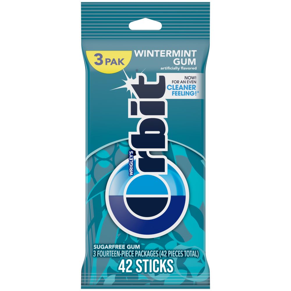 Orbit Wintermint gum travel 3-pack for on-the-go freshness.