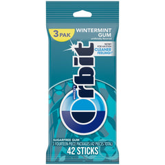 Orbit Wintermint gum travel 3-pack for on-the-go freshness.