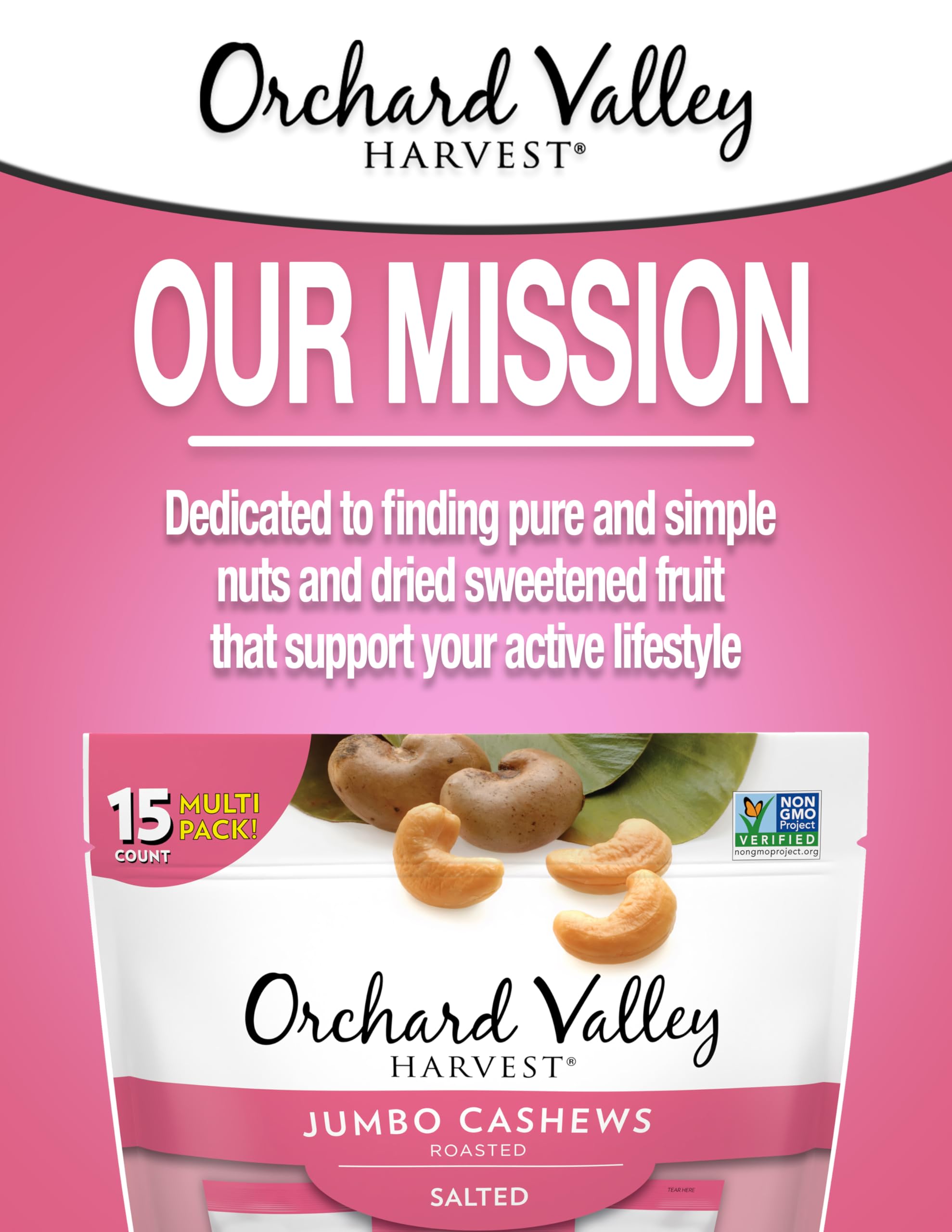 Gluten-free, non-GMO cashews with 4 g protein per bag.