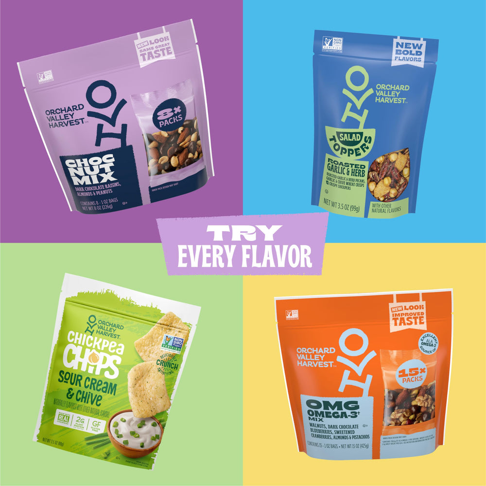 Orchard Valley Harvest 4g plant-based protein per serving in snack mix.