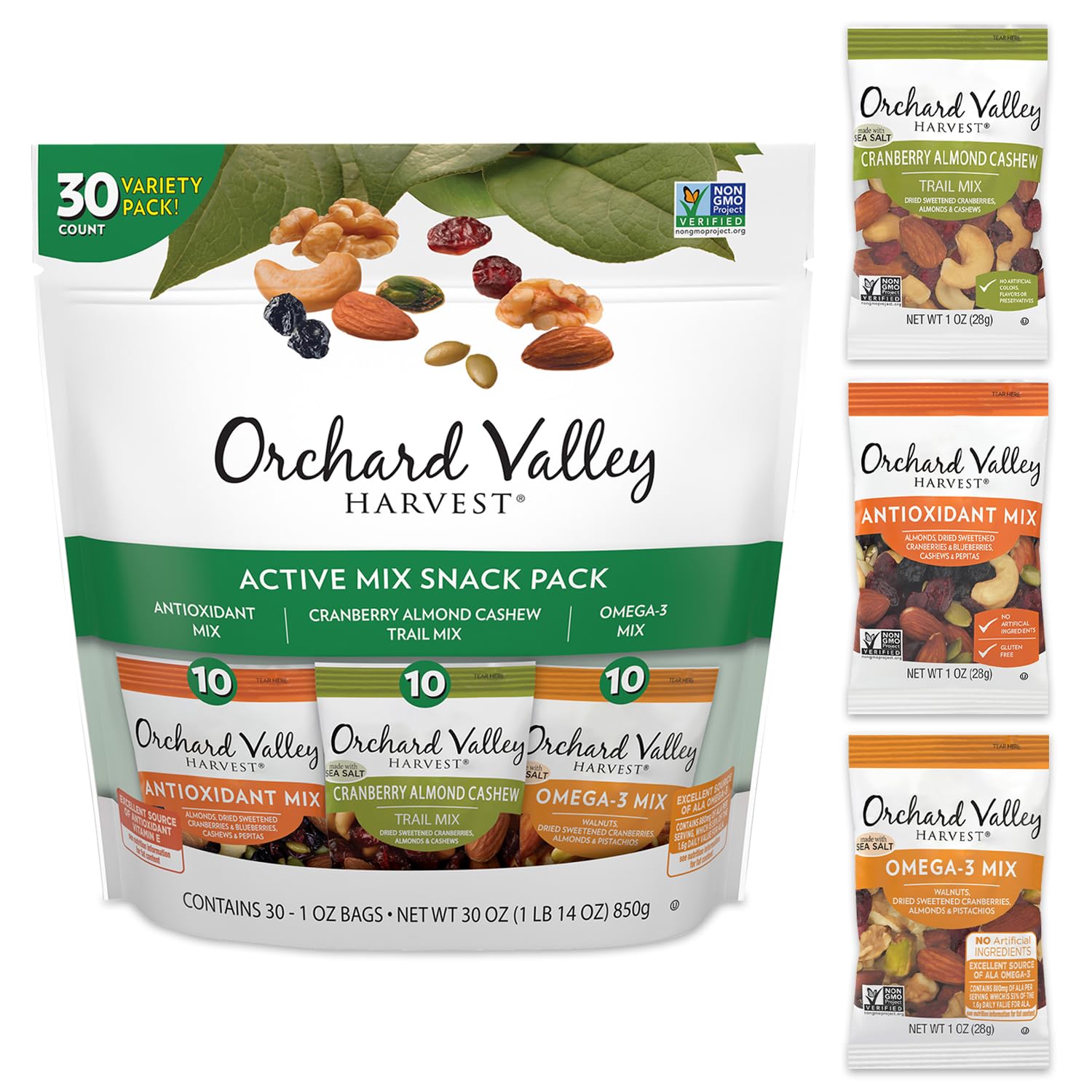 Orchard Valley Harvest active snack pack variety bags for on-the-go snacking.