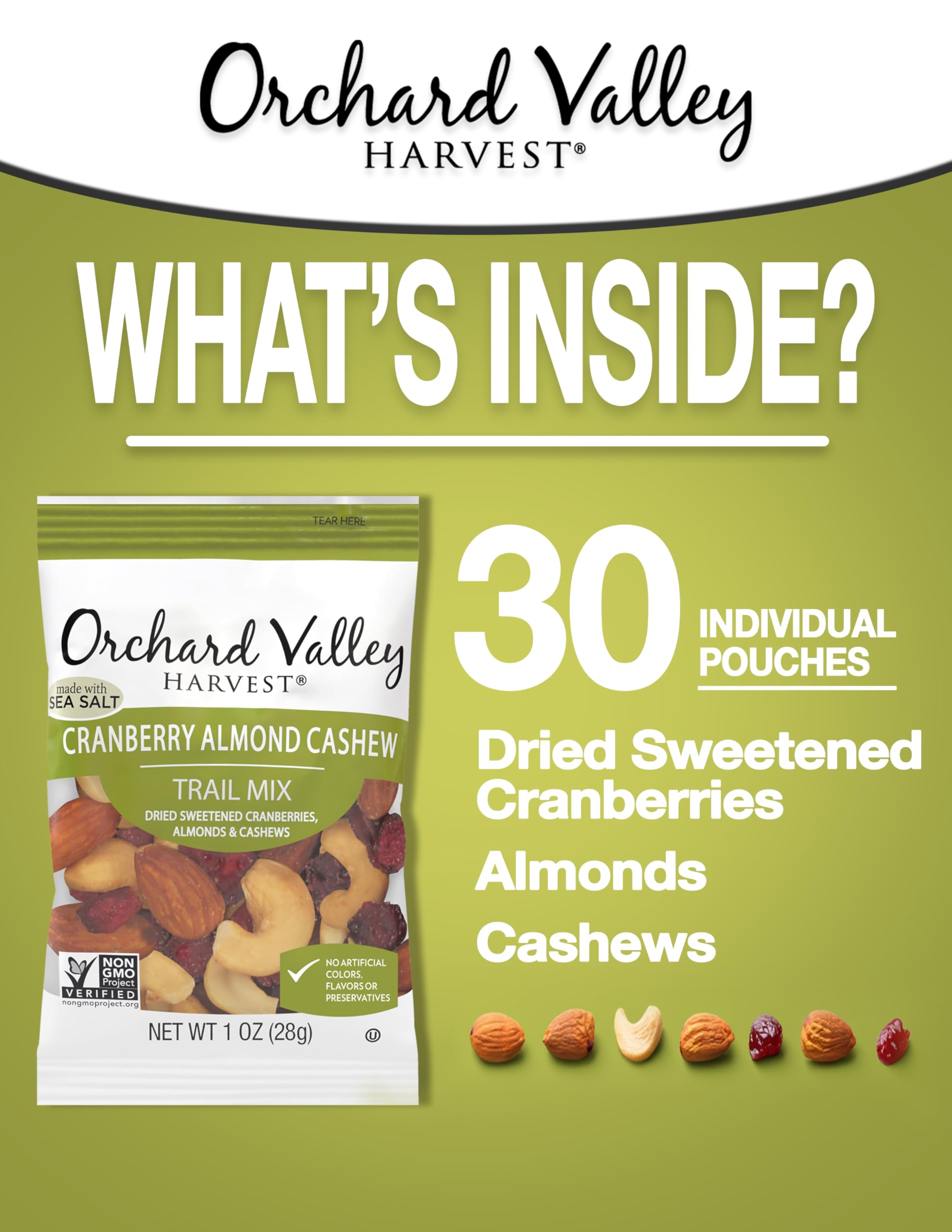 Orchard Valley Harvest almonds and cashews closeup, showcasing crunchy texture and protein boost.
