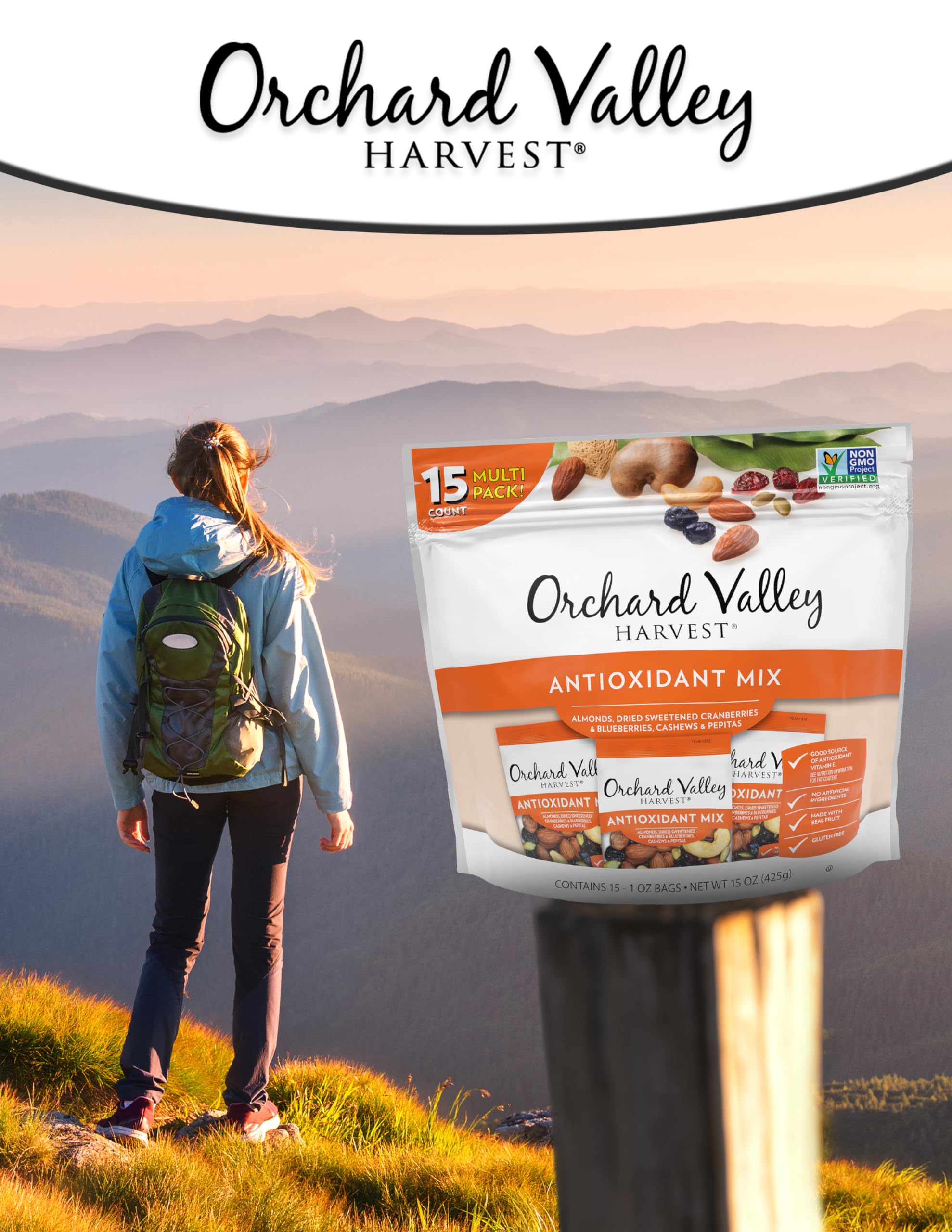 Orchard Valley Harvest Antioxidant Mix packaging image showing 15 single-serve pouches