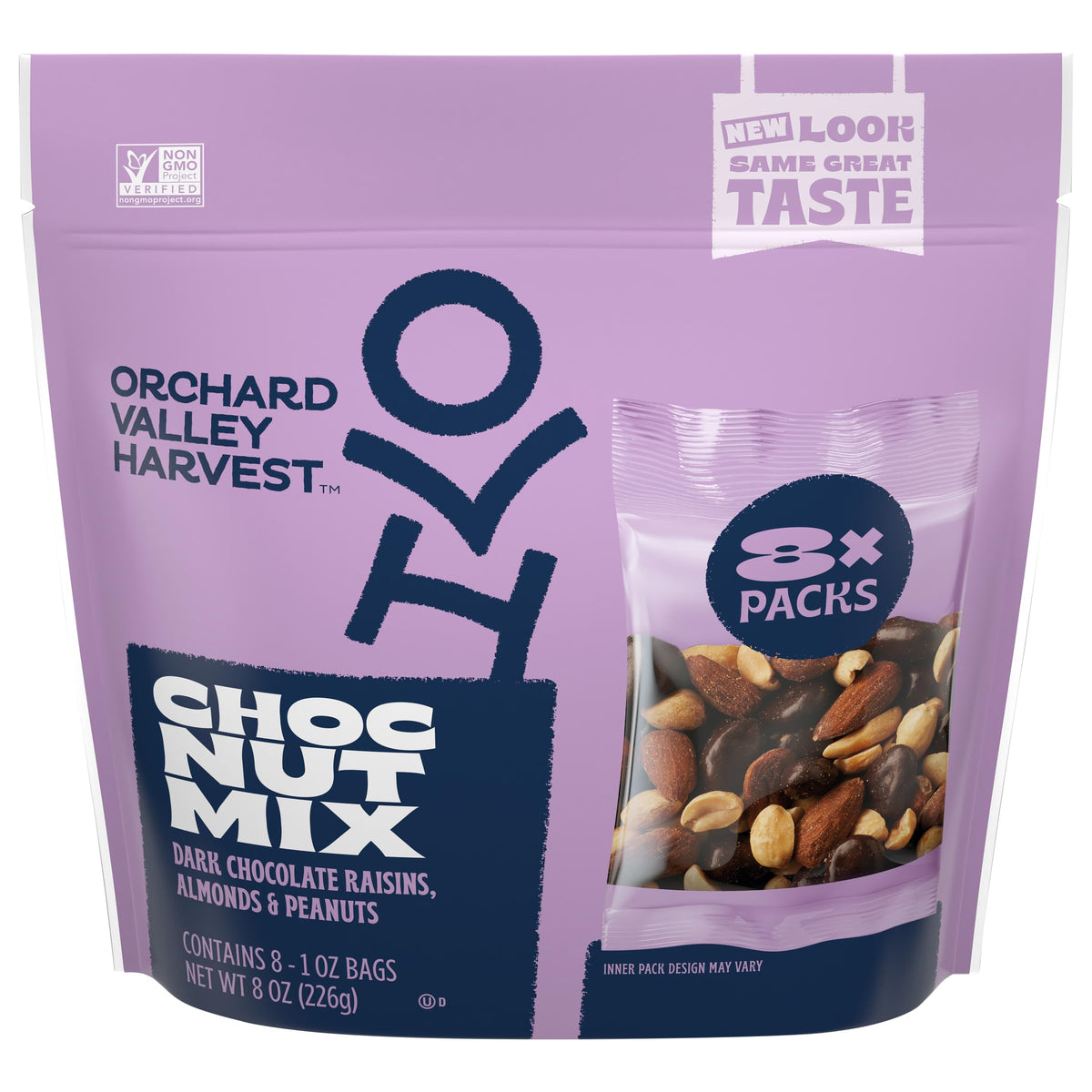Orchard Valley Harvest choc nut mix 8-pack front view for on-the-go snacking.