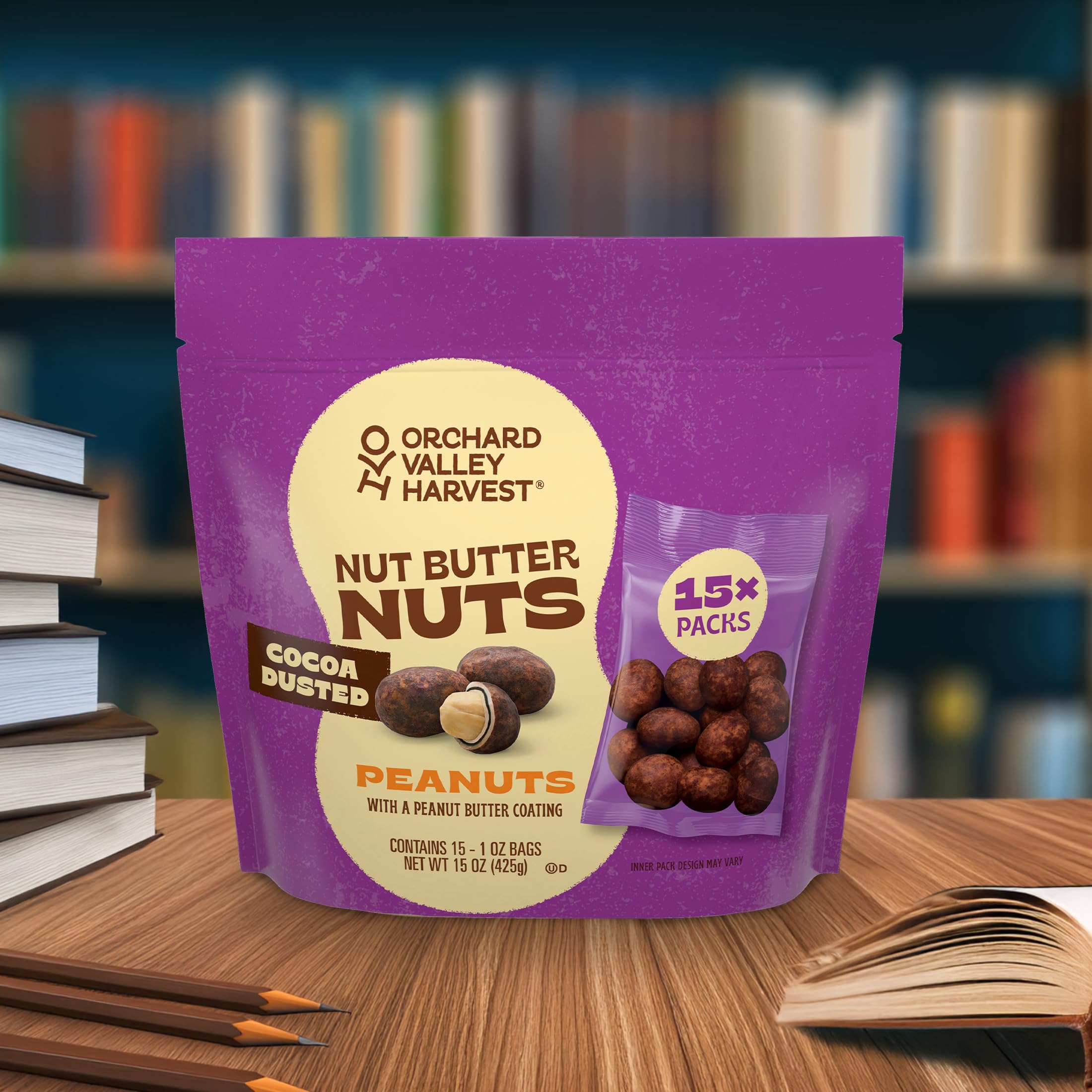 Orchard Valley Harvest cocoa dusting on roasted peanuts, salty-sweet flavor