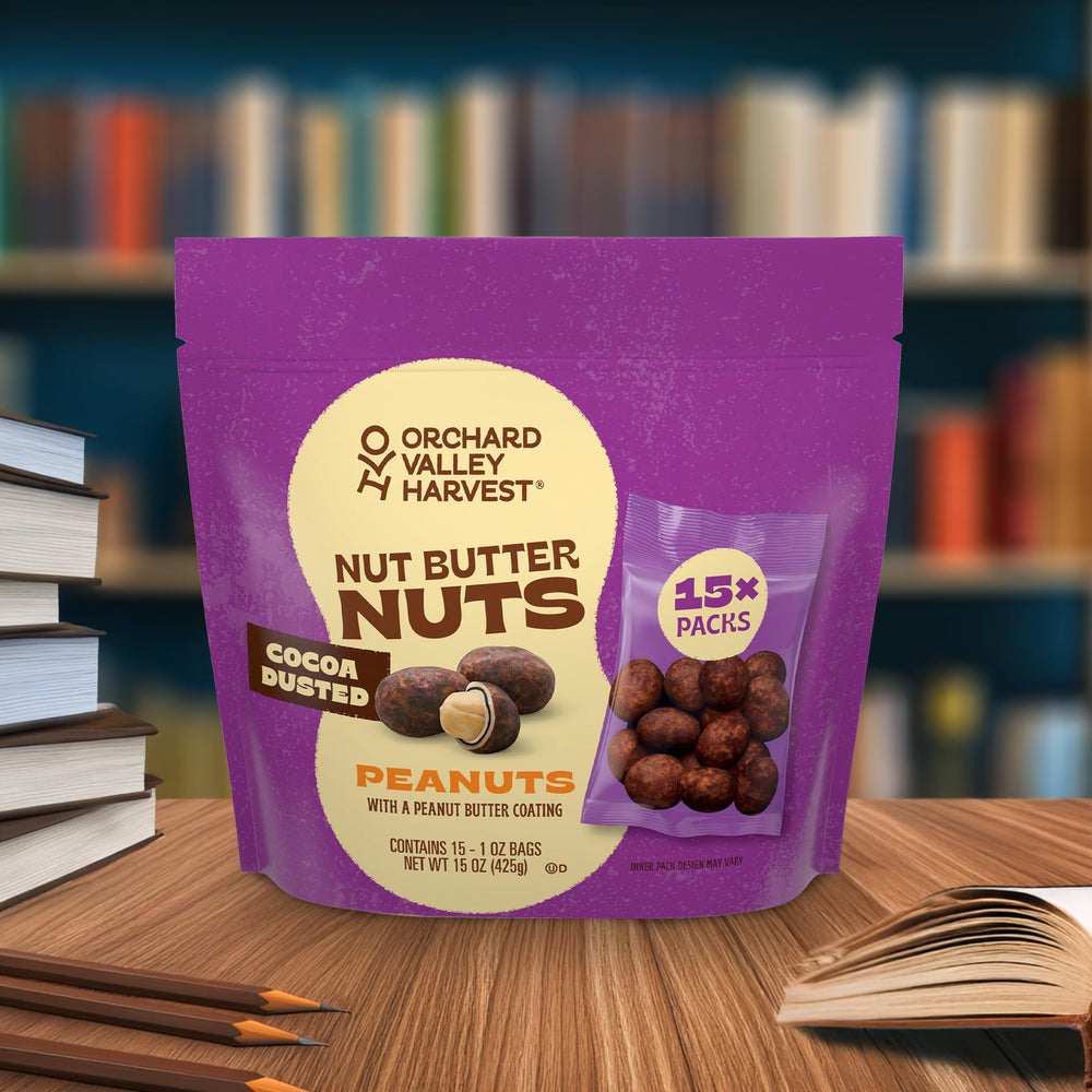 Orchard Valley Harvest cocoa dusting on roasted peanuts, salty-sweet flavor