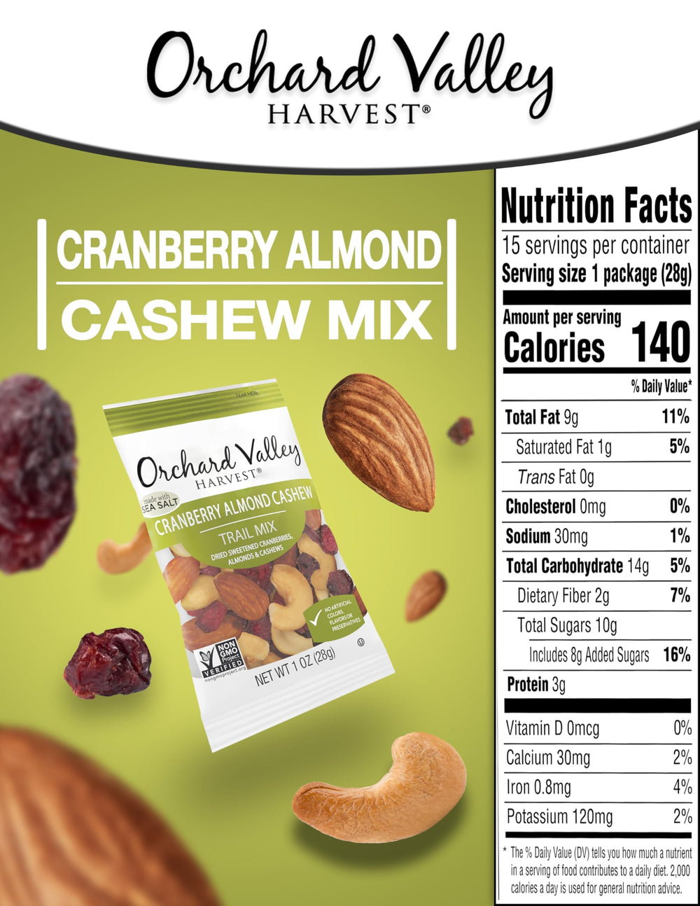 Orchard Valley Harvest Cranberry Almond Cashew Trail Mix close up of cranberries and nuts for on-the-go snacking