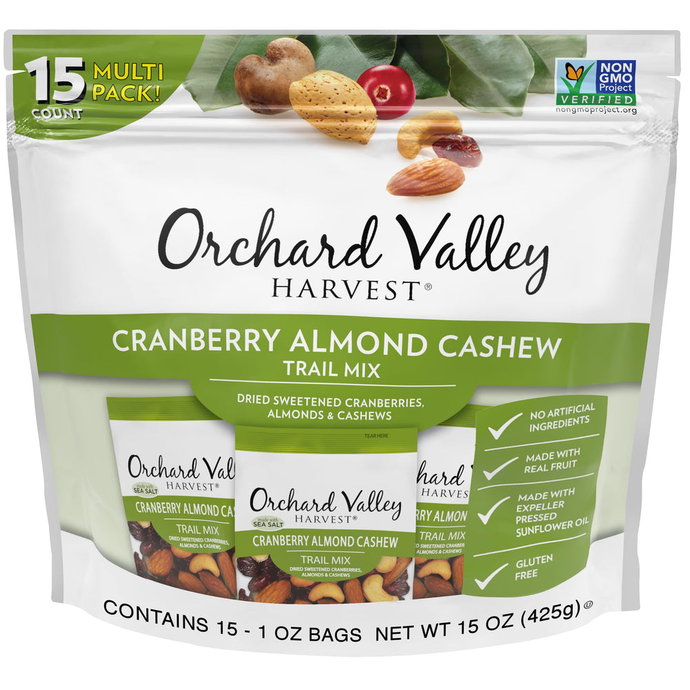 Orchard Valley Harvest Cranberry Almond Cashew Trail Mix front pack, convenient on-the-go snack