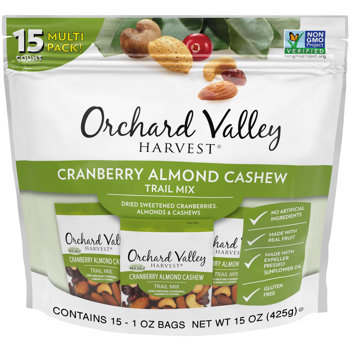 Orchard Valley Harvest Cranberry Almond Cashew Trail Mix front pack, convenient on-the-go snack